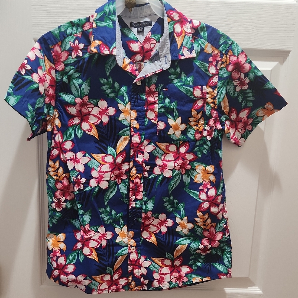 Tommy Hilfiger Blue Floral Button Down Shirt Kids XL